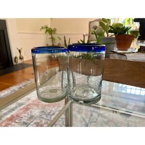 Vintage Mexican Hand Blown Cobalt Blue-Rimmed Glasses / Juice Water Glass